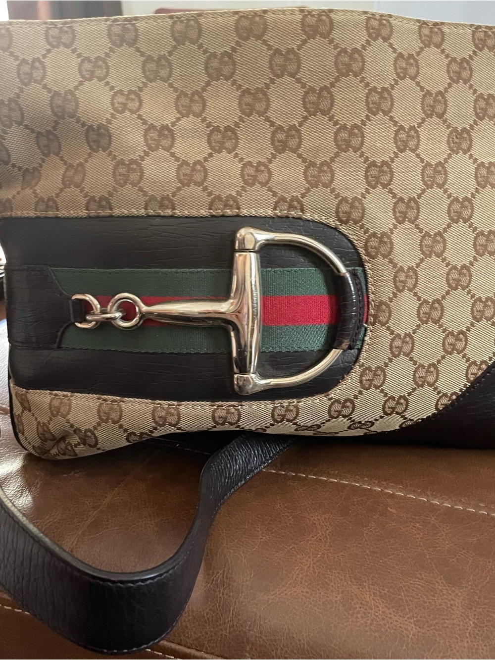 Gucci Hasler Horsebit Monogram Purse in Beige & Brown - Picture 2 of 14